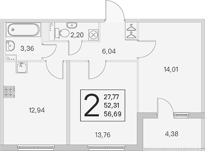 2-комнатная квартира 52.31 м², 2/4 эт., ЖК «Любоград в Стрельне»